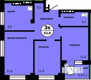 3-к квартира, сданный дом, 61м2, 15/19 этаж