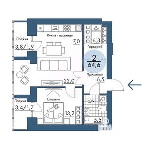 2-к квартира, строящийся дом, 65м2, 16/17 этаж
