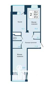 2-к квартира, сданный дом, 68м2, 6/8 этаж