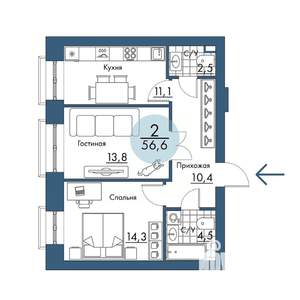 2-к квартира, строящийся дом, 57м2, 2/17 этаж