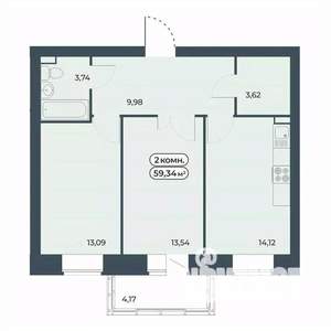 2-к квартира, строящийся дом, 59м2, 2/9 этаж
