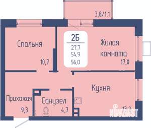2-к квартира, строящийся дом, 56м2, 2/24 этаж