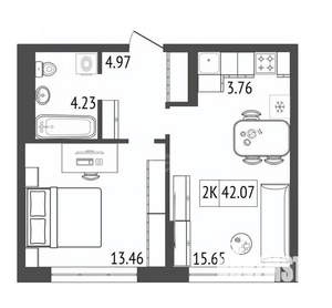 2-к квартира, вторичка, 42м2, 12/17 этаж