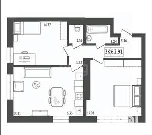 3-к квартира, вторичка, 63м2, 3/17 этаж