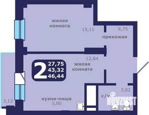 2-к квартира, строящийся дом, 46м2, 9/25 этаж
