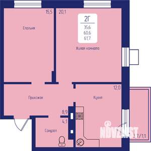 2-к квартира, строящийся дом, 62м2, 11/12 этаж