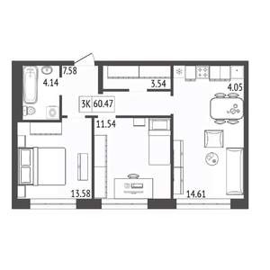 3-к квартира, строящийся дом, 60м2, 8/17 этаж