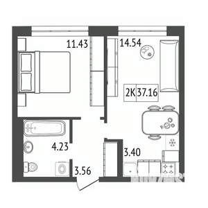 2-к квартира, строящийся дом, 37м2, 9/17 этаж
