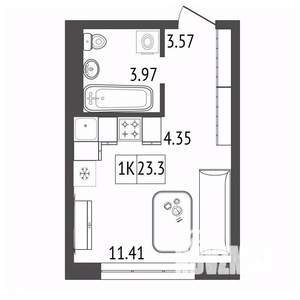 1-к квартира, строящийся дом, 23м2, 3/17 этаж
