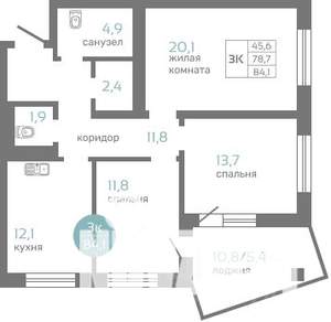 3-к квартира, строящийся дом, 84м2, 19/19 этаж