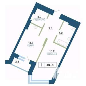 1-к квартира, строящийся дом, 49м2, 3/24 этаж