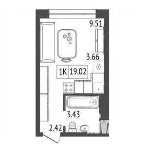 1-к квартира, строящийся дом, 19м2, 2/17 этаж