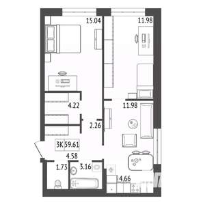 3-к квартира, строящийся дом, 60м2, 12/17 этаж