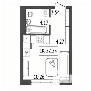1-к квартира, строящийся дом, 22м2, 15/17 этаж
