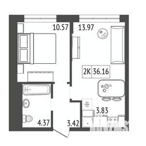 2-к квартира, вторичка, 36м2, 6/17 этаж