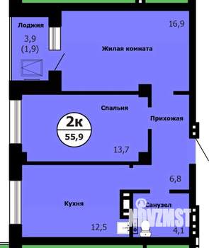 2-к квартира, строящийся дом, 57м2, 23/26 этаж