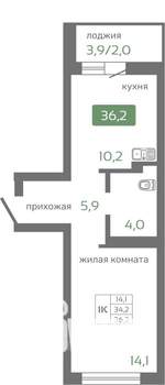 1-к квартира, строящийся дом, 34м2, 4/19 этаж