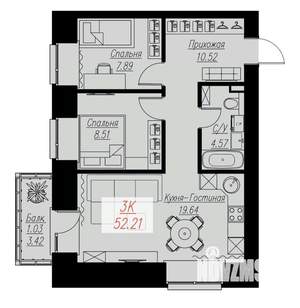 2-к квартира, строящийся дом, 52м2, 2/17 этаж