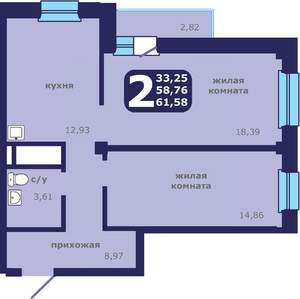 2-к квартира, вторичка, 62м2, 24/25 этаж