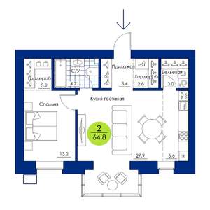 2-к квартира, строящийся дом, 65м2, 2/17 этаж