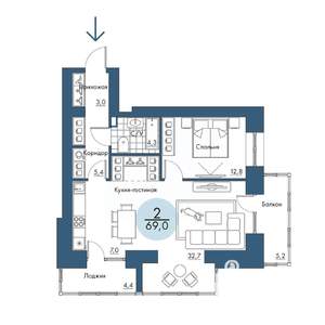 2-к квартира, строящийся дом, 69м2, 12/17 этаж