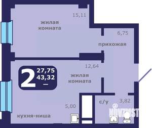 2-к квартира, строящийся дом, 43м2, 1/25 этаж