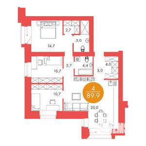 4-к квартира, вторичка, 90м2, 3/17 этаж