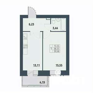 1-к квартира, строящийся дом, 39м2, 3/9 этаж