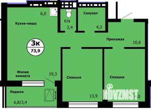 3-к квартира, строящийся дом, 73м2, 3/19 этаж