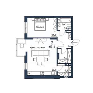 2-к квартира, строящийся дом, 63м2, 18/23 этаж