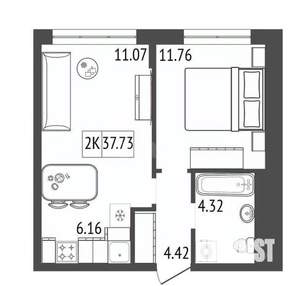 2-к квартира, строящийся дом, 38м2, 8/17 этаж