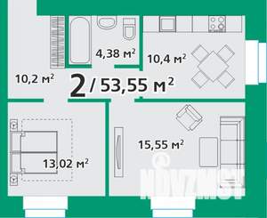 2-к квартира, строящийся дом, 54м2, 1/8 этаж