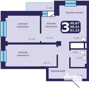 3-к квартира, строящийся дом, 61м2, 12/25 этаж