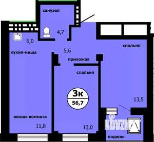 3-к квартира, сданный дом, 56м2, 12/19 этаж
