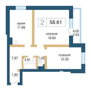 2-к квартира, строящийся дом, 59м2, 17/17 этаж