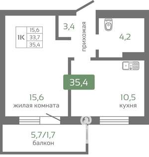 1-к квартира, строящийся дом, 35м2, 3/19 этаж