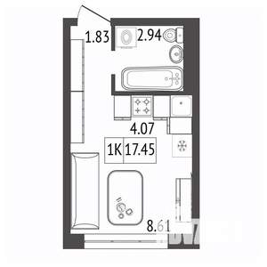 1-к квартира, строящийся дом, 17м2, 2/17 этаж