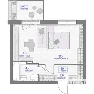 1-к квартира, вторичка, 39м2, 1/24 этаж