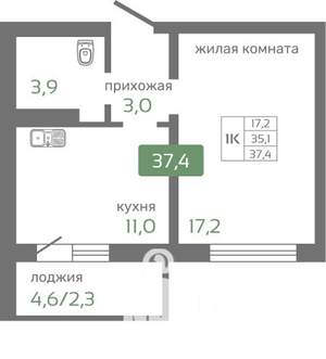 1-к квартира, строящийся дом, 37м2, 17/19 этаж