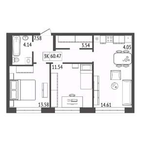 3-к квартира, строящийся дом, 60м2, 6/17 этаж