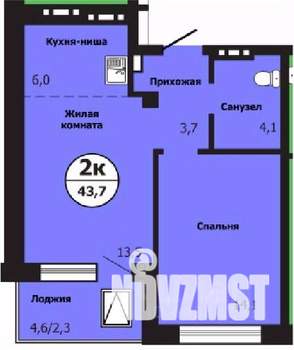 2-к квартира, строящийся дом, 44м2, 13/19 этаж