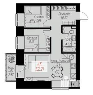 2-к квартира, строящийся дом, 52м2, 12/17 этаж