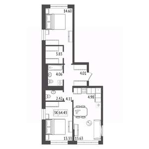 3-к квартира, строящийся дом, 64м2, 7/17 этаж