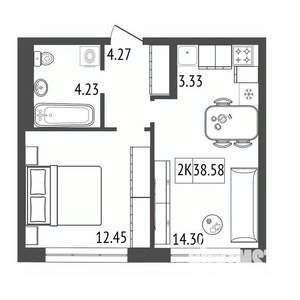 2-к квартира, строящийся дом, 39м2, 15/17 этаж