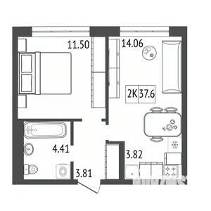 2-к квартира, строящийся дом, 38м2, 3/17 этаж