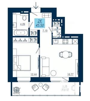 2-к квартира, вторичка, 46м2, 3/19 этаж