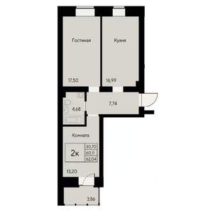 2-к квартира, строящийся дом, 63м2, 8/8 этаж