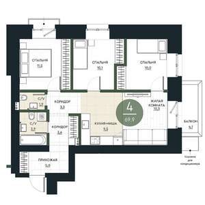 4-к квартира, строящийся дом, 70м2, 15/17 этаж