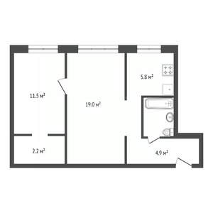 2-к квартира, вторичка, 43м2, 3/5 этаж