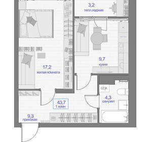 1-к квартира, вторичка, 44м2, 3/16 этаж